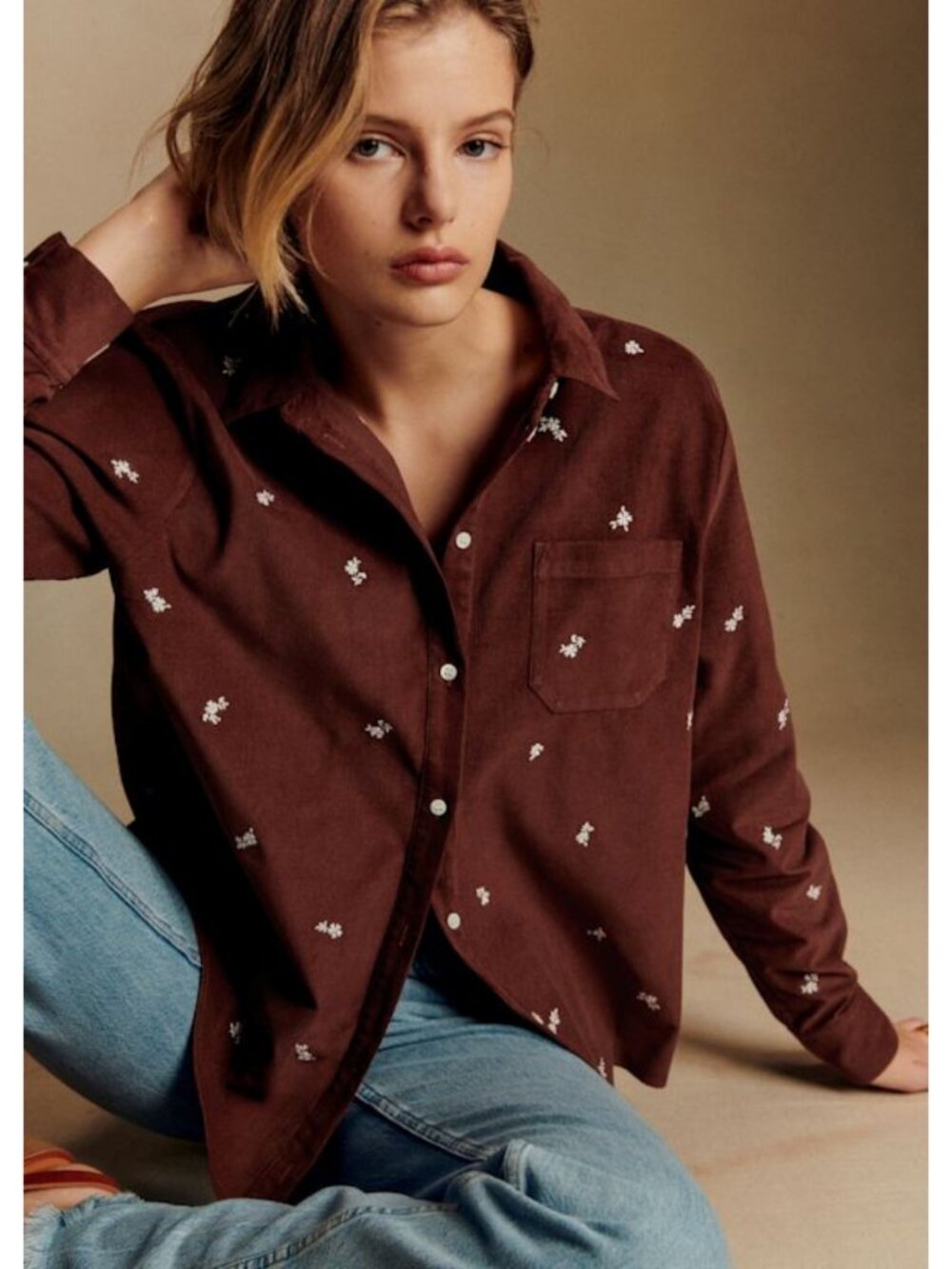 Sézane Tomboy Shirt Florencia Brown Floral Embroidered Corduroy Top EU 34 US 2